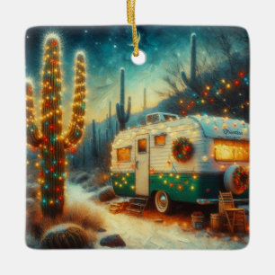 Vintage-Camper-Weihnachten in der Wüste Saguaro-Ka Keramikornament
