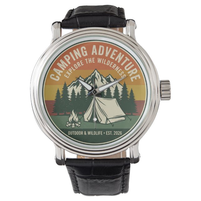 Vintage Camping Adventure Retro Mountain Armbanduhr (Vorderseite)
