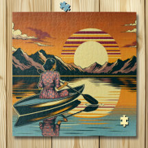 Vintage Camping Szene Frau Kayaking