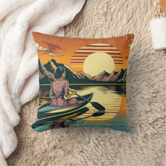 Vintage Camping Szene Frau Kayaking Kissen