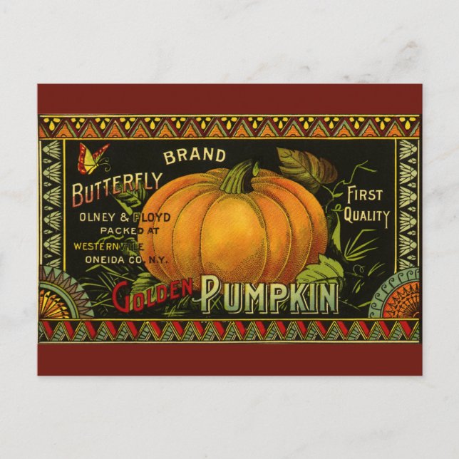 Vintage Can Label Art, Butterfly Pumpkin Vegetable Postkarte (Vorderseite)