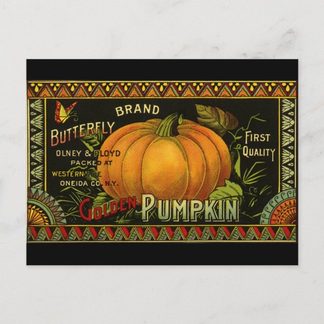 Vintage Can Label Art, Butterfly Pumpkin Vegetable Postkarte (Vorderseite)