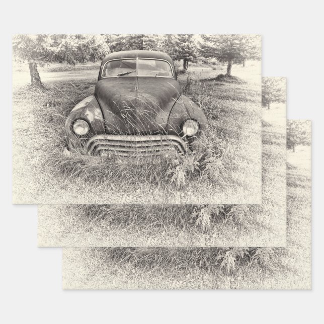 Vintage Car Antikes Schwarz-Weiß Rustikal Geschenkpapier Set (Set)
