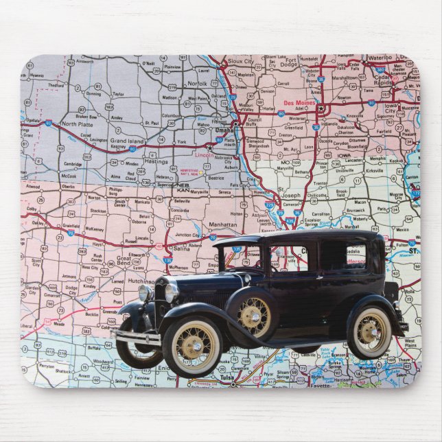 Vintage Car auf der Road Map Mousepad (Vorne)