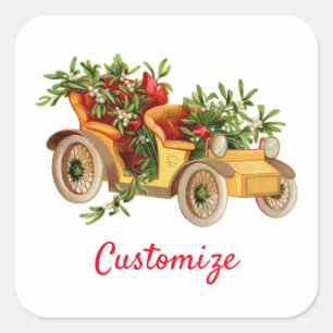 Vintage Car Christmas Mistletoe Thunder_Cove Quadratischer Aufkleber