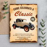 Vintage Car Meilenstein Geburtstagsparty Einladung<br><div class="desc">Die Vintage Geburtstagsfeier lädt Sie mit einem wunderschönen Vintage-Auto und Retro-Typografie vor Pergament-Hintergrund ein. Fügen Sie einfach Ihre Veranstaltungsdetails zu dieser einfach zu bedienenden Vorlage hinzu,  um sie zu einer einmaligen Einladung zu machen. Dreh die Karte um eine rustikale Holzstruktur auf der Kartenrückseite zu zeigen.</div>