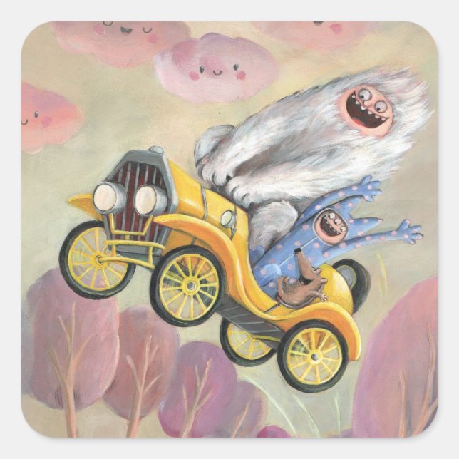 Vintage Car mit Monstern Quadratischer Aufkleber (Vorderseite)