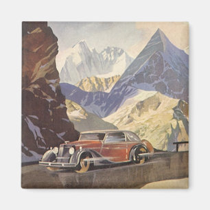 Vintage Car on Mountain Road im Winter mit Schnee Magnet