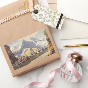 Vintage Car on Mountain Road im Winter mit Schnee Rechteckiger Aufkleber