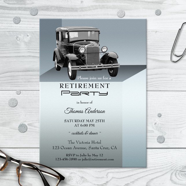 Vintage Car Retirement Party Invitation (Retirement party invitation showing a vintage car on a silver grey metallic style design background)