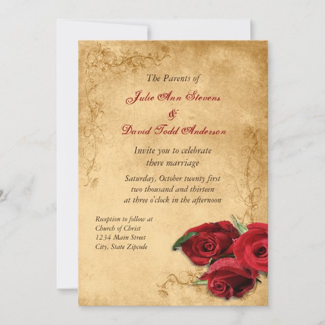 Vintage Caramel Brown & Rose Hochzeit Einladung (Vorderseite)