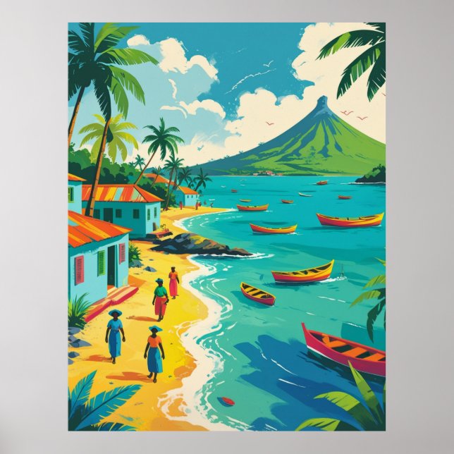 Vintage Caribbean island life scene colourful Poster (Vorne)