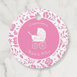 Vintage Carriage Baby Dusche Niedlich Pink Girl Geschenkanhänger