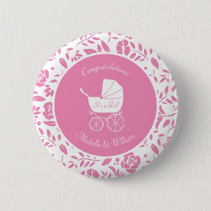 Vintage Carriage Baby Shower Elegante Rosa Girl Button