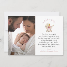 Vintage Carriage Blush Floral Photo Thank You Card Dankeskarte