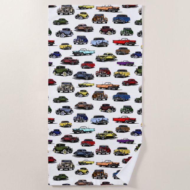 Vintage Cars Illustrationen Random Muster Strandtuch (Vorderseite)
