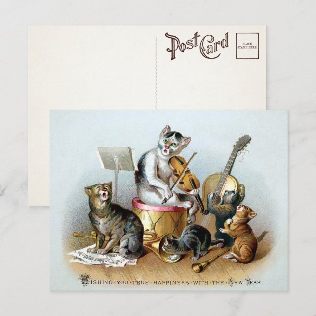 Vintage Cat Band New Year Postkarte (Vorne/Hinten)