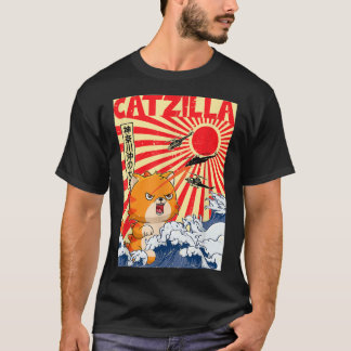 Vintage Catzilla Japanischer Sonnenuntergangsstil T-Shirt