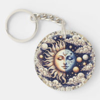 Vintage Céleste Demi Soleil & Lune Bleu Jaune