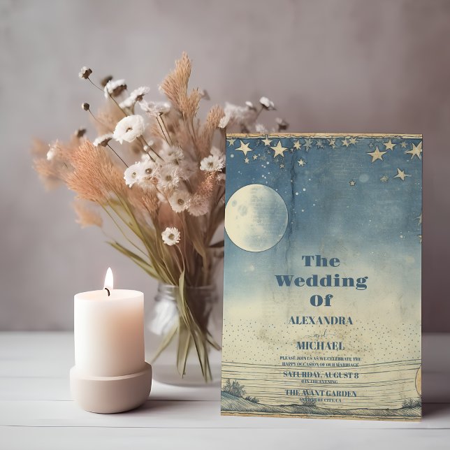 Vintage Celestial Blue Midnight Stars Wedding Einladung (Von Creator hochgeladen)