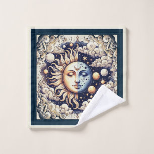 Vintage Celestial Halb Sonne & Mond Blau Gelb Badhandtuch Set