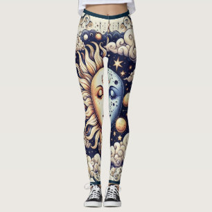 Vintage Celestial Halb Sonne & Mond Blau Gelb Leggings