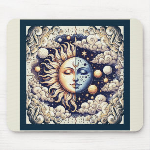 Vintage Celestial Halb Sonne & Mond Blau Gelb Mousepad