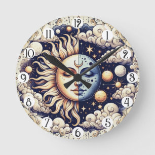 Vintage Celestial Halb Sonne & Mond Blau Gelb Runde Wanduhr