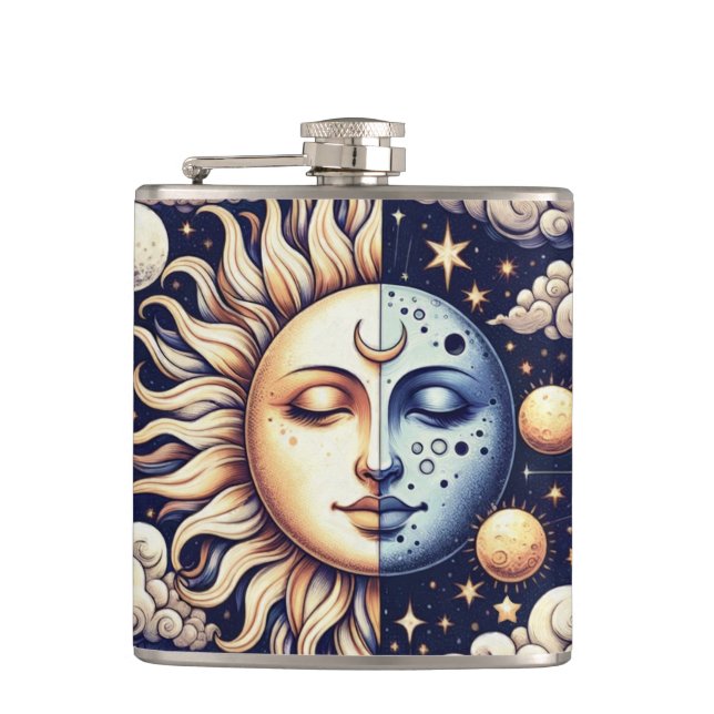 Vintage Celestial Halb Sun & Moon Blau gelb Flachmann (Vorderseite)