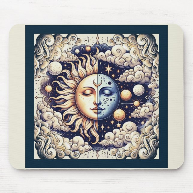 Vintage Celestial Halb Sun & Moon Blau gelb Mousepad (Vorne)