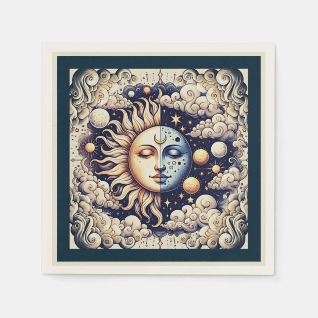 Vintage Celestial Halb Sun & Moon Blau gelb Serviette (Vorderseite)