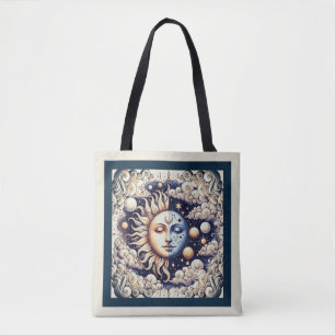 Vintage Celestial Halb Sun & Moon Blau gelb Tasche