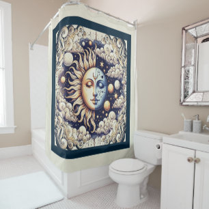 Vintage Celestial Halbmond und Sonne Blau Gelb Duschvorhang