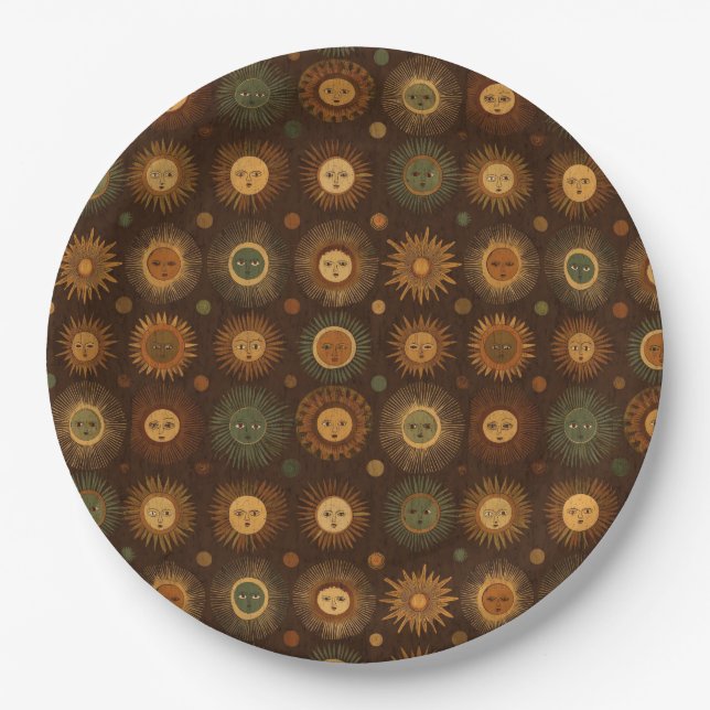 Vintage Celestial-Sonnen-Gesichtsmuster Pappteller (Vorderseite)