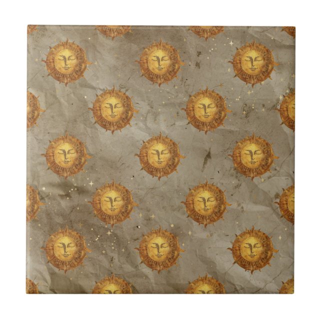Vintage Celestial Sun Astrologie Muster Fliese (Vorderseite)