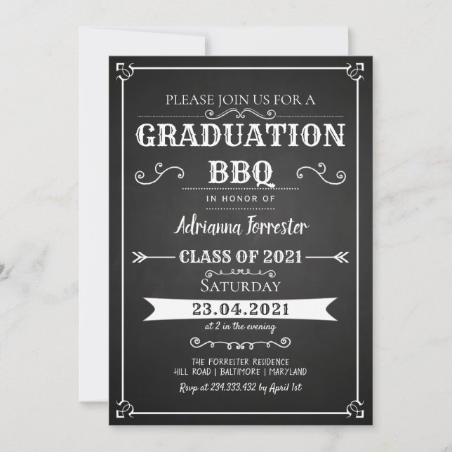 Vintage Chalkboard Abschluss GRILLEN Einladung (Vorderseite)