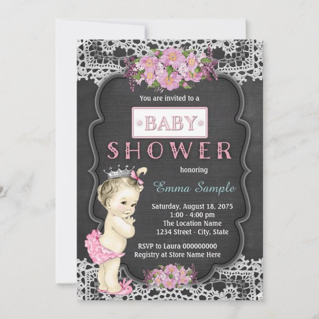 Vintage Chalkboard Baby Girl Dusche Einladung (Vorderseite)
