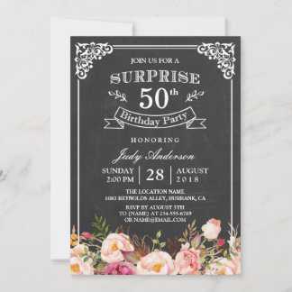 Vintage Chalkboard Floral Überraschung Geburtstags Einladung