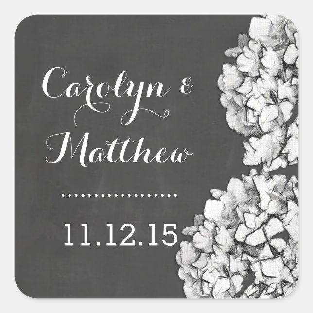 Vintage Chalkboard Hydrangea Gastgeschenk Hochzeit Quadratischer Aufkleber (Vorderseite)