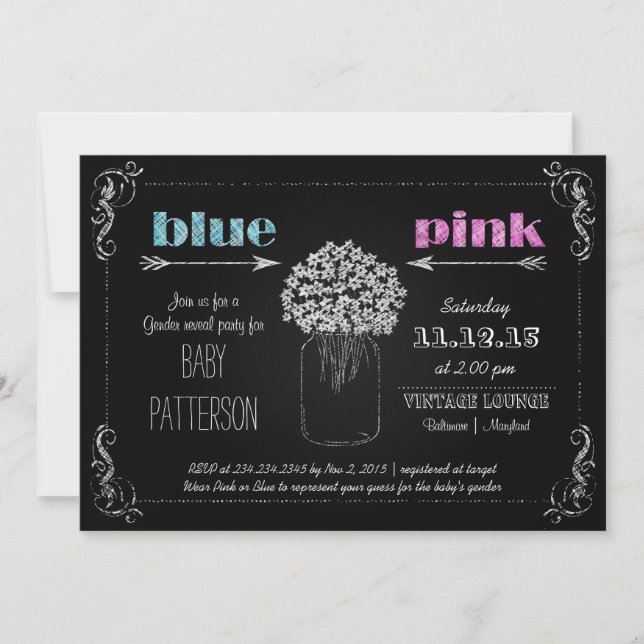 Vintage Chalkboard MasonJar Blume Geschlechtsverke Einladung (Vorderseite)