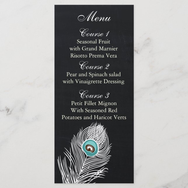Vintage Chalkboard Pfauenhochzeitkarten Menükarte (Vorderseite)