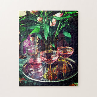 Vintage Champagne-Gläser und Blumenpuzzlespiel