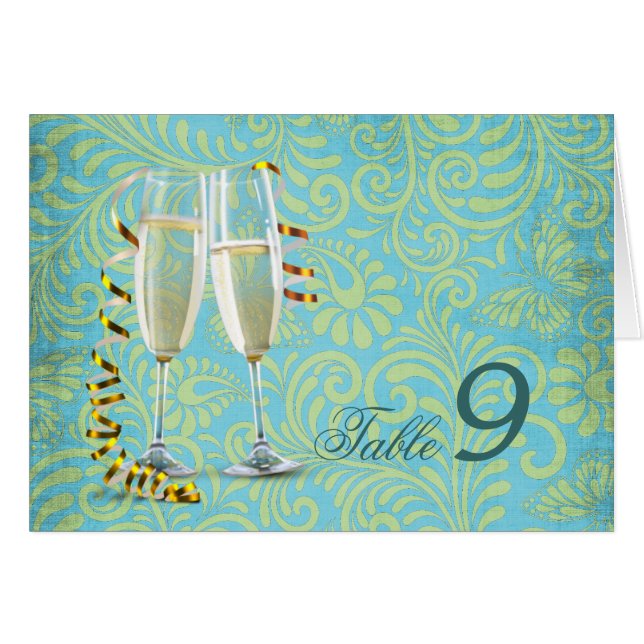 Vintage Champagnerflöten aquamarine Golddamastenho (Vorderseite (Horizontal))