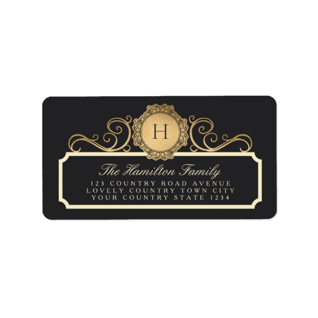 Vintage Charcoal-Gold-Monogramm-Adresse Adressaufkleber (Vorne)
