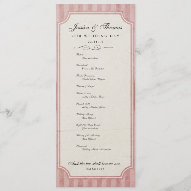 Vintage Charm Erdbeerrosa Hochzeitsprogramm Programm (Vorderseite)