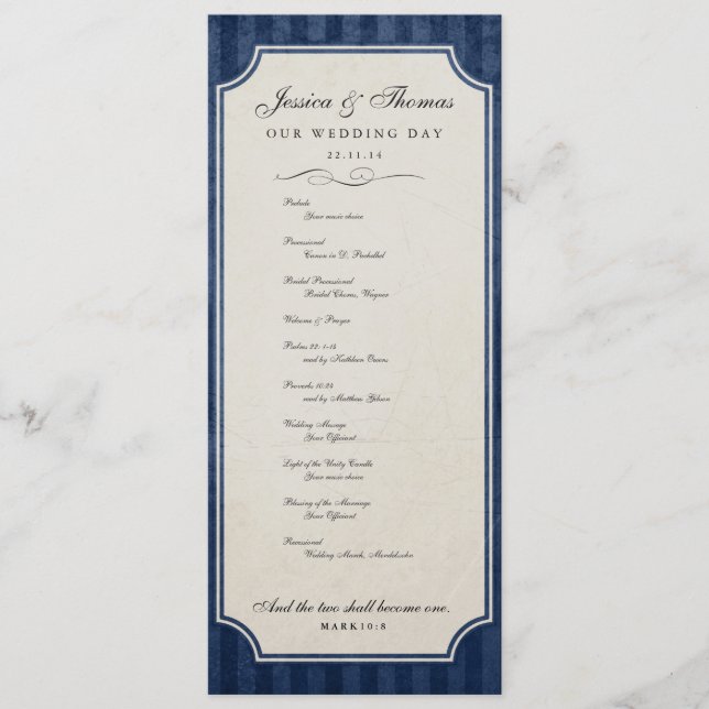 Vintage Charm Marine Blue Wedding Programme (Devant)
