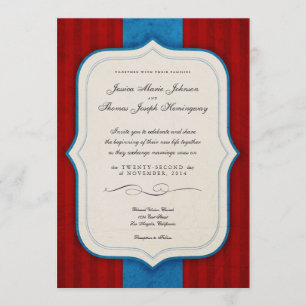 Vintage Charm Red & Blue Monogram Wedding Einladung