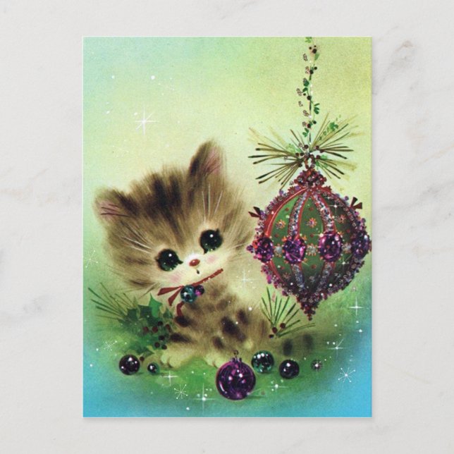 Vintage chat rétro Noël carte postale (Devant)