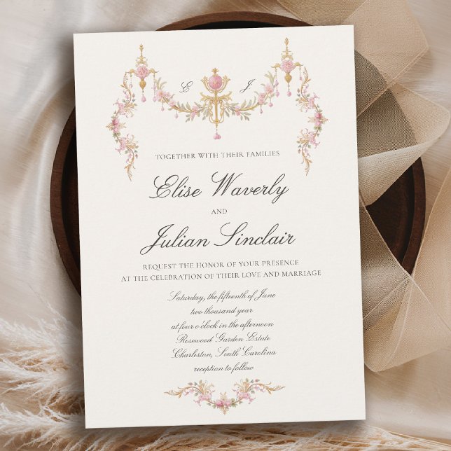 Vintage Chateau Garden Regency Soft Blush Wedding Einladung (regency romance vintage chateau garden wedding blush pink gold floral invitation)