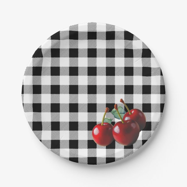 Vintage Cherries black white gingham Pappteller (Vorderseite)